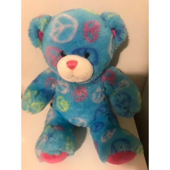 13" Build A Bear BAB Light Blue Peace Sign Hippie Stuffed Animal Plush Multi - Picture 1 of 4